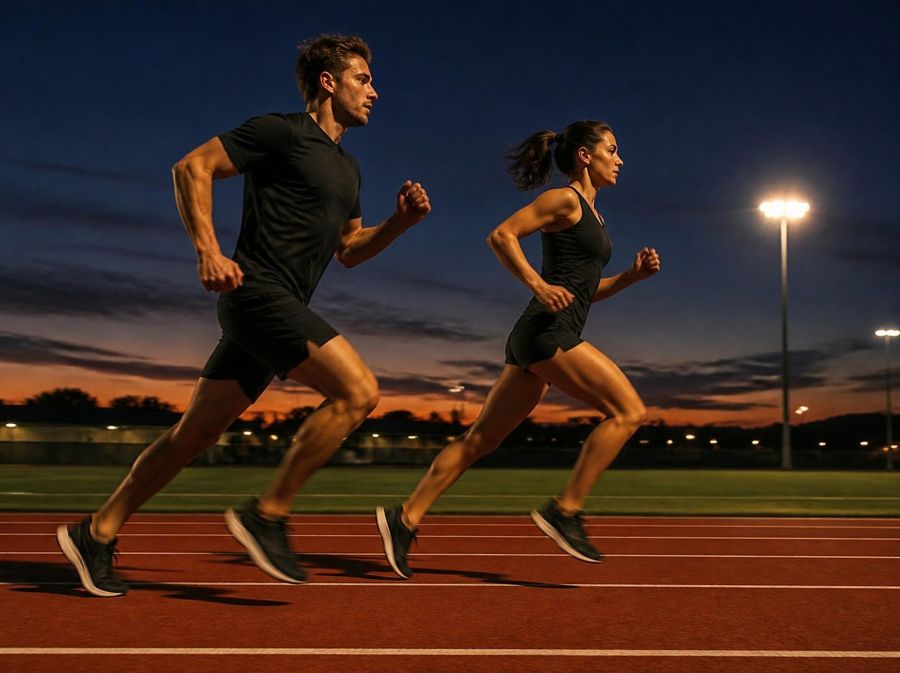 Pareja corriendo en una pista de atletismo